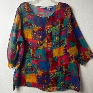 OK SAM tunic shirt sz M‎ - L sheer embellished jeweled swimsuit cover up artsy